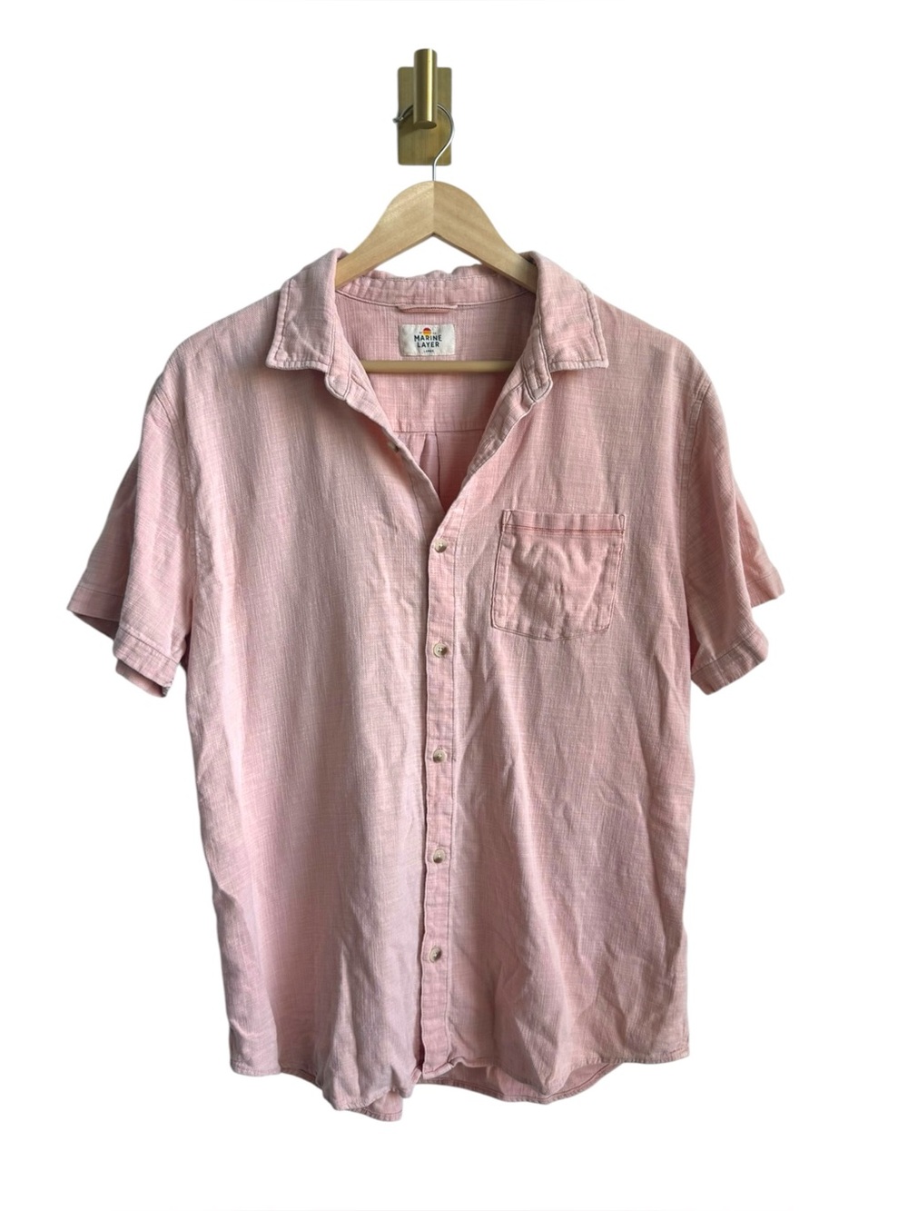Marine Layer Stretch Selvage Short Sleeve Button Down Shirt Salmon Pink Large